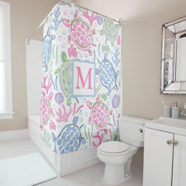 Cortina De Ducha Monograma oceánico costero de las tortugas acuátic (In situ)