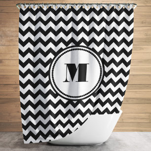 Cortina De Ducha Monograma Patrón de Chevron a Rayas Negro Blanco