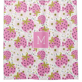 Cortina De Ducha Monograma Personalizado de fresas rosadas