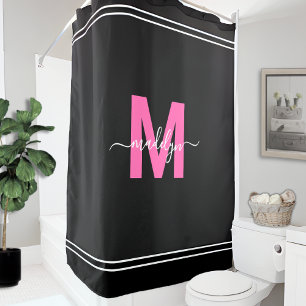Cortina De Ducha Monograma Personalizado Elegante Nombre Rosa Negro