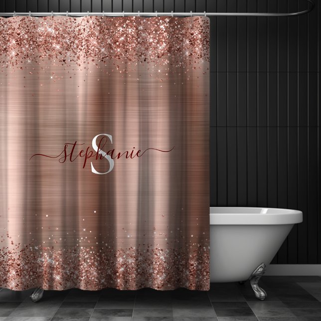 Cortina De Ducha Monograma Rosa Faux-Purpurina Girly Glam (Monogram Rose Gold Glitter Girly Glam Shower Curtain)