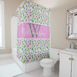 Cortina De Ducha Monograma Rosa Gris Verde Boho Floral Acuarela 