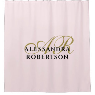 Cortina De Ducha Monograma Rosa Pastel Minimalista Dorado Negro Ele