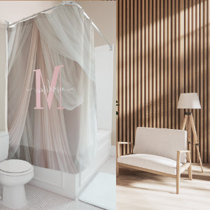 Cortina De Ducha Monograma rosa seda blanco Boda de escritura elega