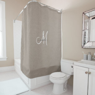 Cortina De Ducha Monograma Taupe White Script Faux Linen