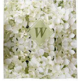 Cortina De Ducha Monograma verde de hidrangea blanca de moda
