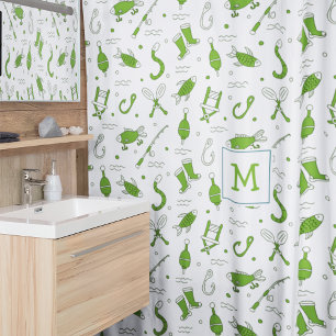 Cortina De Ducha Monogramado patrón de pesca verde sin soldadura