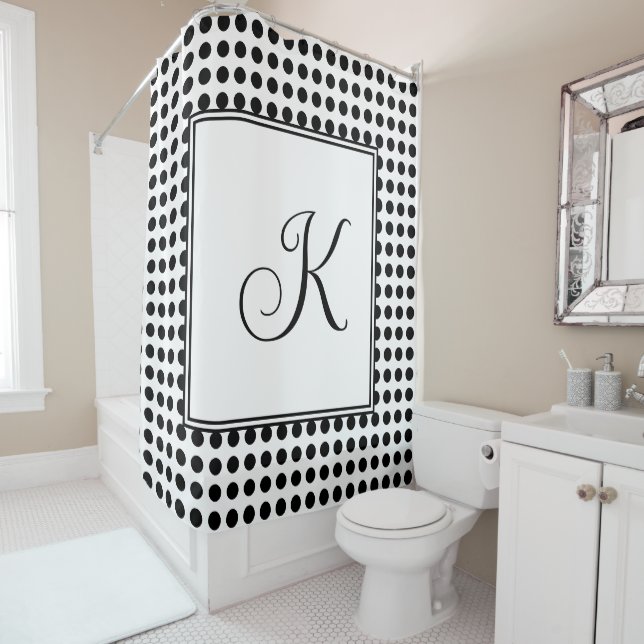 Cortina De Ducha Monogramas Black White Polka Dots Moderno Classy (In situ)