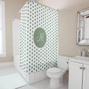 Cortina De Ducha Monogramo de puntos de polka verde y blanco sabio