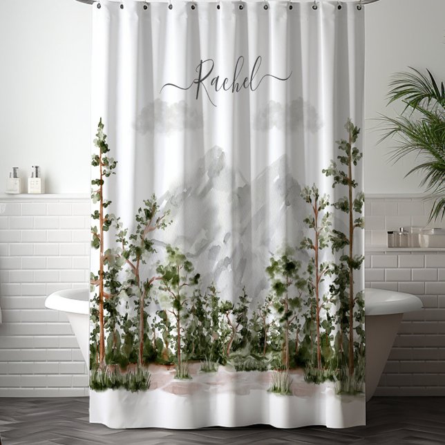 Cortina De Ducha Montaña y bosque de acuarela monogramada (In situ bath room)