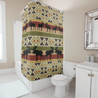 Cortina De Ducha Moose Wildlife Animal Rojo Ochre Ikat Stripes