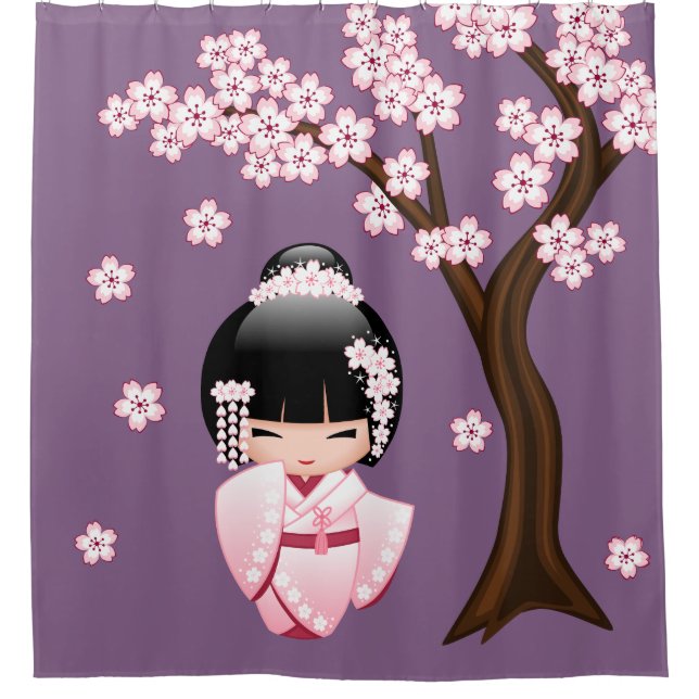 Cortina De Ducha Morado Chica Geisha Kokeshi Muñeca Cute Geisha (Anverso)