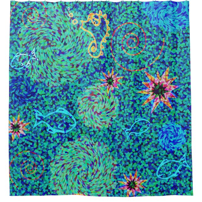 Cortina De Ducha Mosaico submarino Caballo marino Azul verde rosa (Anverso)