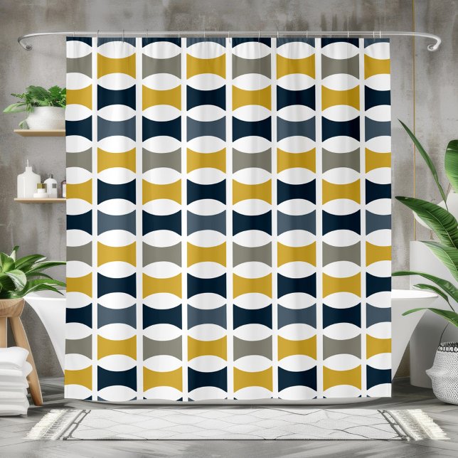 Cortina De Ducha Mostaza moderna de patrón geométrico de la marina  (Mid Century Modern Geometric Pattern Navy Mustard Shower Curtain)
