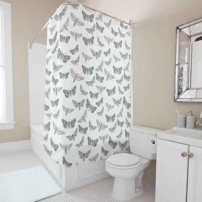 Cortina De Ducha Moth Pattern Moths Guay Elegante Blanco Gris negro (In situ)
