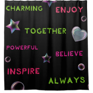 Cortina De Ducha Motivational Words and Neon Shapes