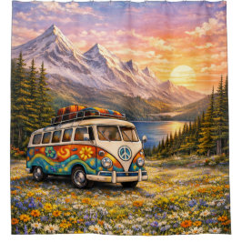 Cortina De Ducha Mountain Sunset Wildflowers Retro Hippie Van Life