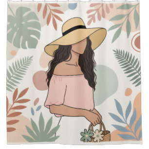 Cortina De Ducha Mujer con sombrero de paja con flores