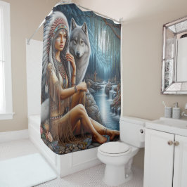 Cortina De Ducha Mujer nativa y lobo cerca del arroyo