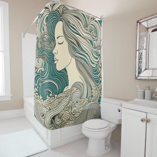 Cortina De Ducha Mujer verde azulada y con agua (In situ)