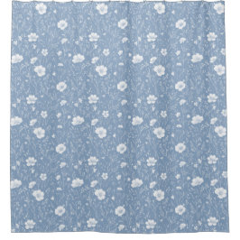 Cortina De Ducha Muted Blue And White Wildflower Pattern