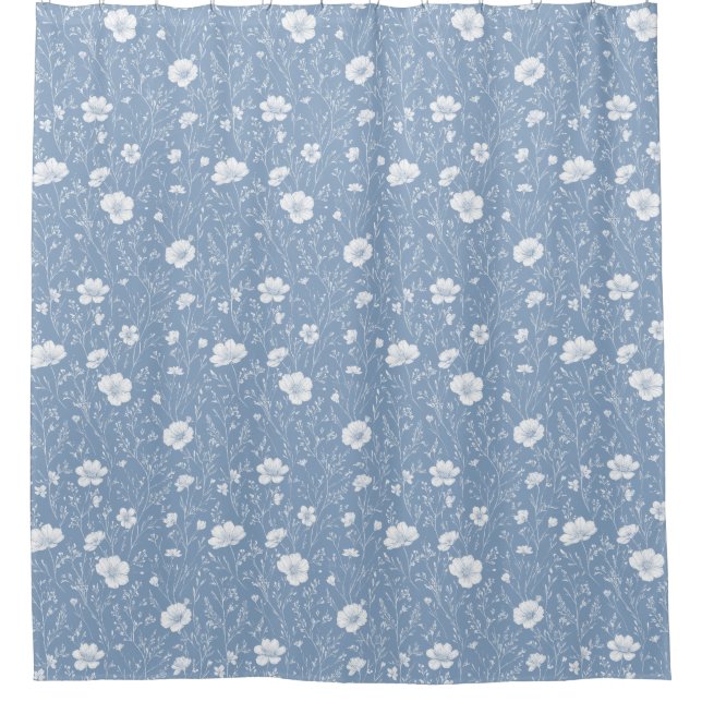 Cortina De Ducha Muted Blue And White Wildflower Pattern (Anverso)