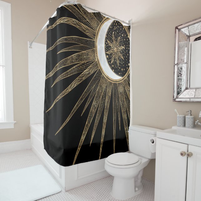 Cortina De Ducha Mystic Black Gold Sun Moon Mandala (In situ)