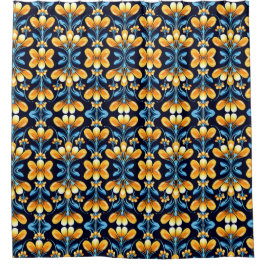 Cortina De Ducha Naranja Art Nouveau y floral azul