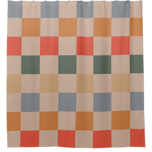 Cortina De Ducha Naranja azul beige Brown Checkered Gingham Pattern (Anverso)