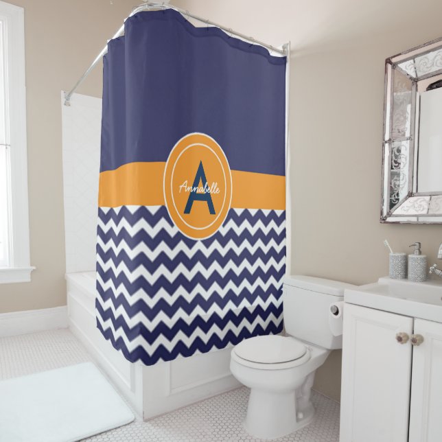 Cortina De Ducha Naranja azul oscuro Chevron (In situ)