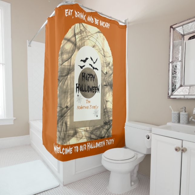 Cortina De Ducha Naranja Black Spooky Full Moon Bats Happy Hallowee (In situ)
