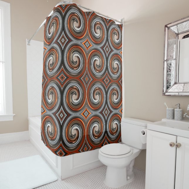 Cortina De Ducha Naranja Brown Gray Abstract Swirl Pattern (In situ)