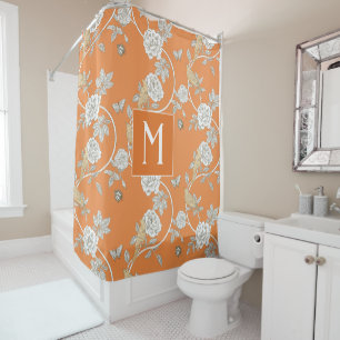 Cortina De Ducha Naranja Chinoiserie Floral Monograma