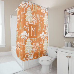 Cortina De Ducha Naranja Chinoiserie Pagodas Monograma