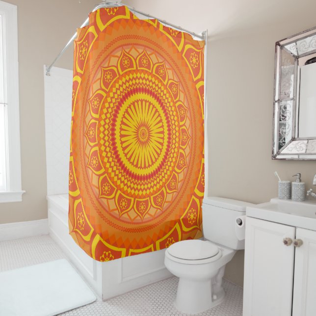Cortina de ducha naranja con mandala india (In situ)