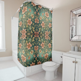 Cortina De Ducha Naranja de tonos verdes flores Art Nouveau