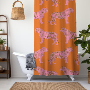 Cortina De Ducha Naranja del Boho y patrón de arte del tigre rosa