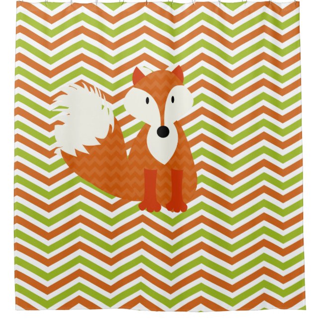 Cortina De Ducha Naranja Red Fox en Naranja, Verde, Chevron Blanco (Anverso)