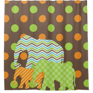 Cortina De Ducha Naranja, trío marrón, verde, elefante azul