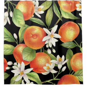Cortina De Ducha Naranjas de mano desatada: Ilustracion floral.