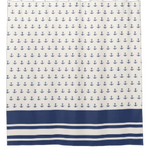 Cortina De Ducha Nautical Anchor Coastal Stripes Naval Azul Crema
