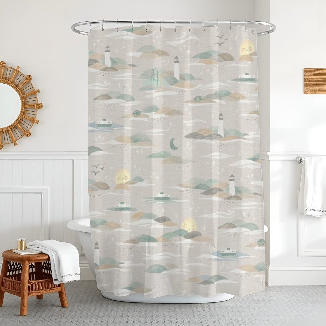 Cortina De Ducha Nautical Bath Seattle Ferry Neutral Lighthouse (PNW-inspired shower curtain with ferries, evergreens & lighthouses in soft greige-green tones.)