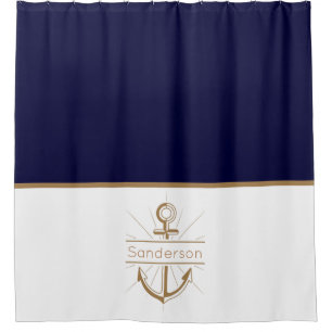 Cortina De Ducha Nautical Family Monograma Naval Anclaje de Oro Azu