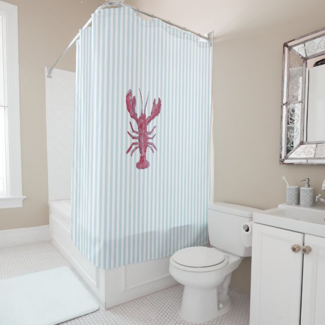 Cortina De Ducha Nautical Lobster Stripe Pattern Coastal  (In situ)