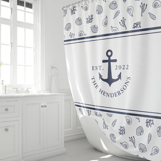 Cortina De Ducha Nautical White Navy Anchor Azul Monogramado (Subido por el creador)