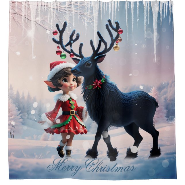 Cortina De Ducha Navidades amables y renos oscuros. (Anverso)