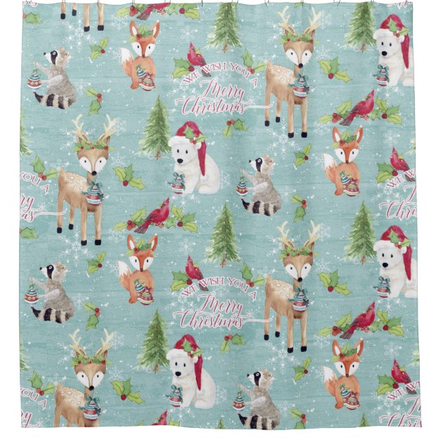 Cortina De Ducha Navidades Azules Dusty Woodland Animals Deer Bear (Anverso)