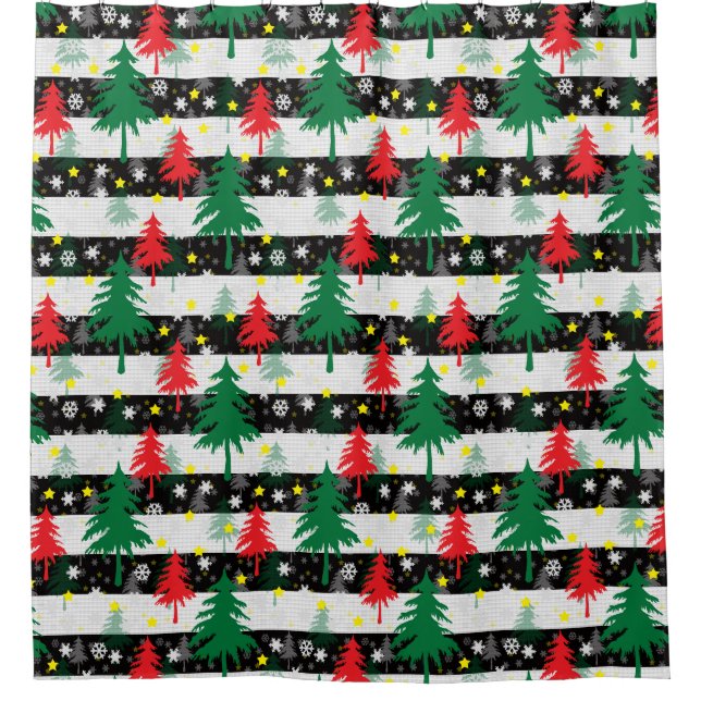 Cortina De Ducha Navidades blancos negros rayas de nieve árboles ve (Anverso)