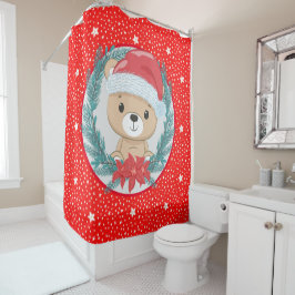 Cortina De Ducha Navidades Cute Teddy Bear Red and White Stars