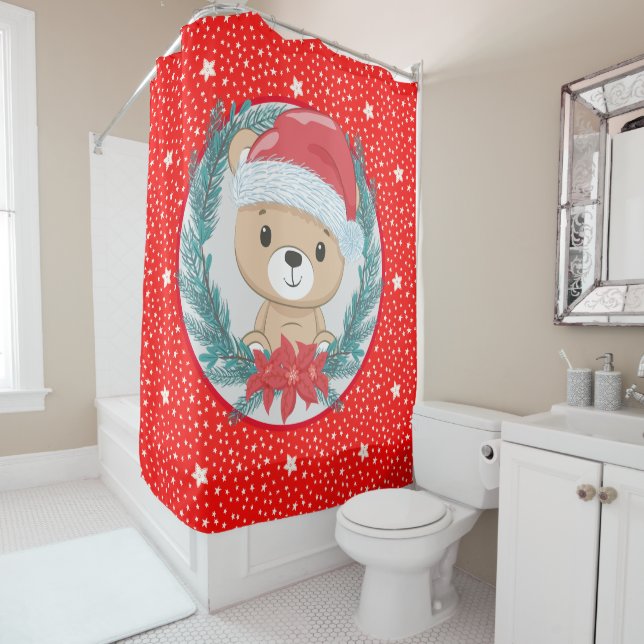 Cortina De Ducha Navidades Cute Teddy Bear Red and White Stars (In situ)